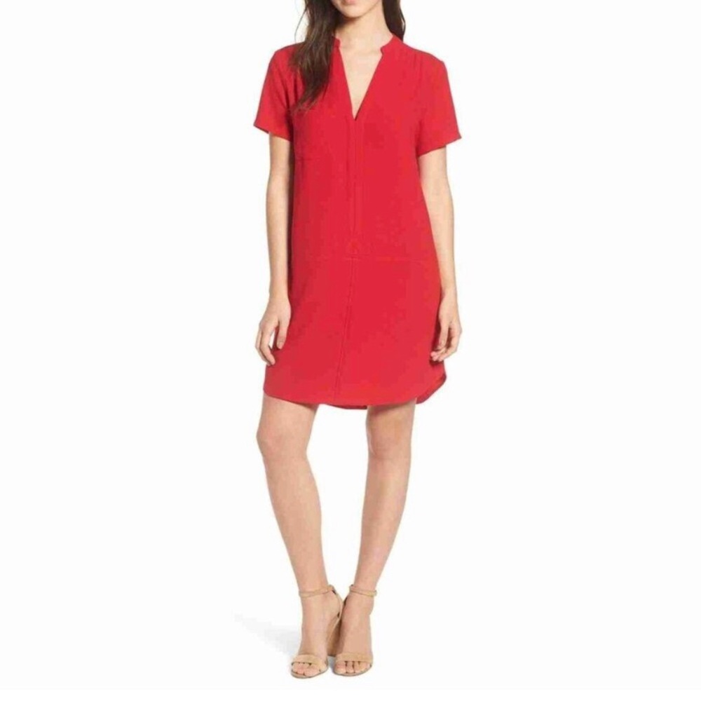 ❤️ Lush Hailey Split Neck Crepe Dress cherry red Small Short Sleeve Shift